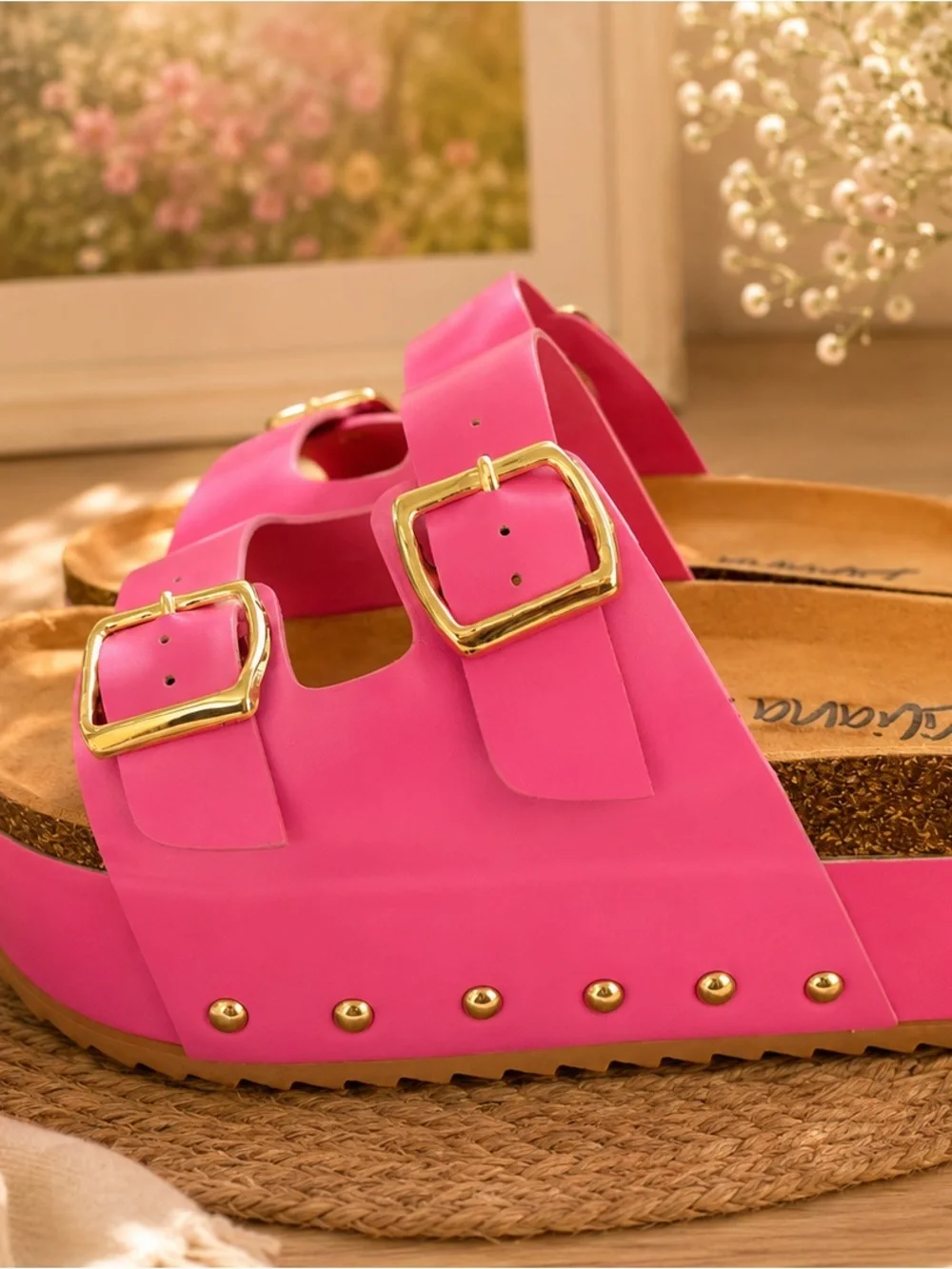 Liliana Hot Pink Double-Buckle Slide Sandals with Gold Buckles